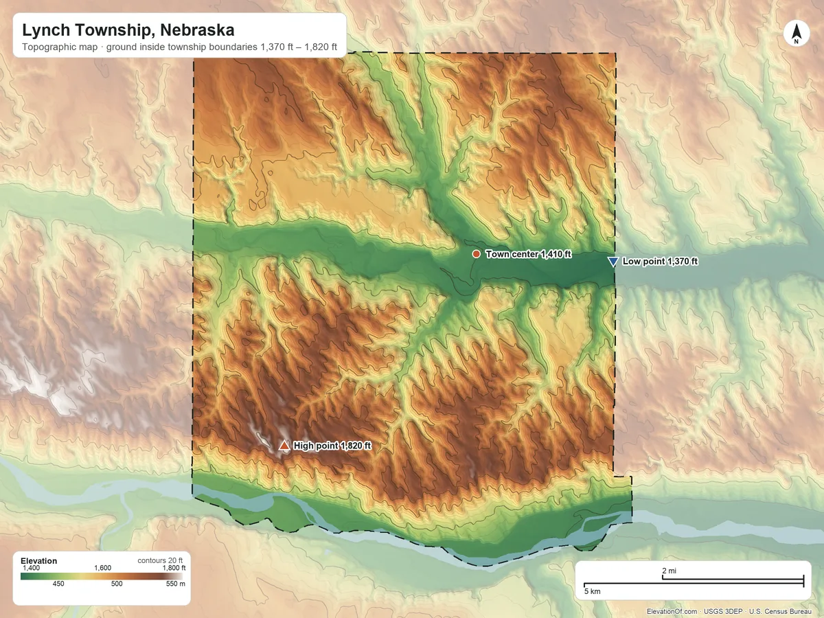 Topographic elevation map of Lynch Township, Nebraska, shaded from 1,370 ft on the east side to 1,820 ft on the southwest side