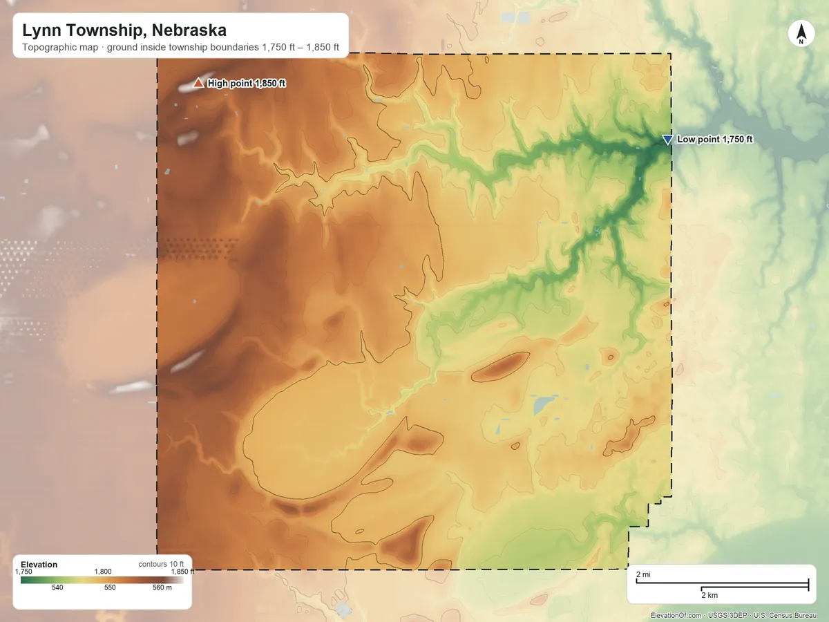Topographic elevation map of Lynn Township, Nebraska, shaded from 1,750 ft on the east side to 1,850 ft on the northwest side
