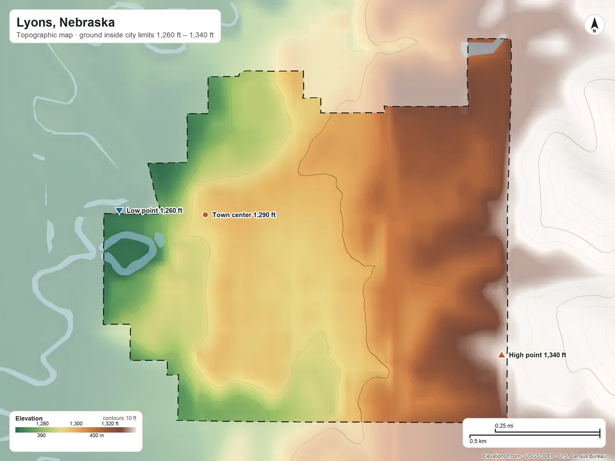 Topographic elevation map of Lyons, Nebraska, shaded from 1,260 ft on the west side to 1,340 ft on the southeast side