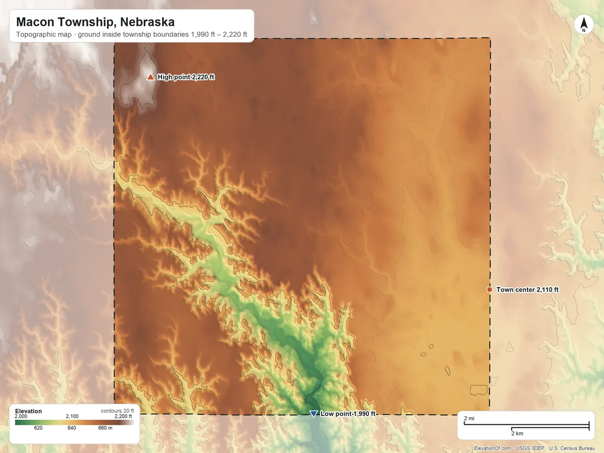 Topographic elevation map of Macon Township, Nebraska, shaded from 1,990 ft on the southwest side to 2,220 ft on the northwest side