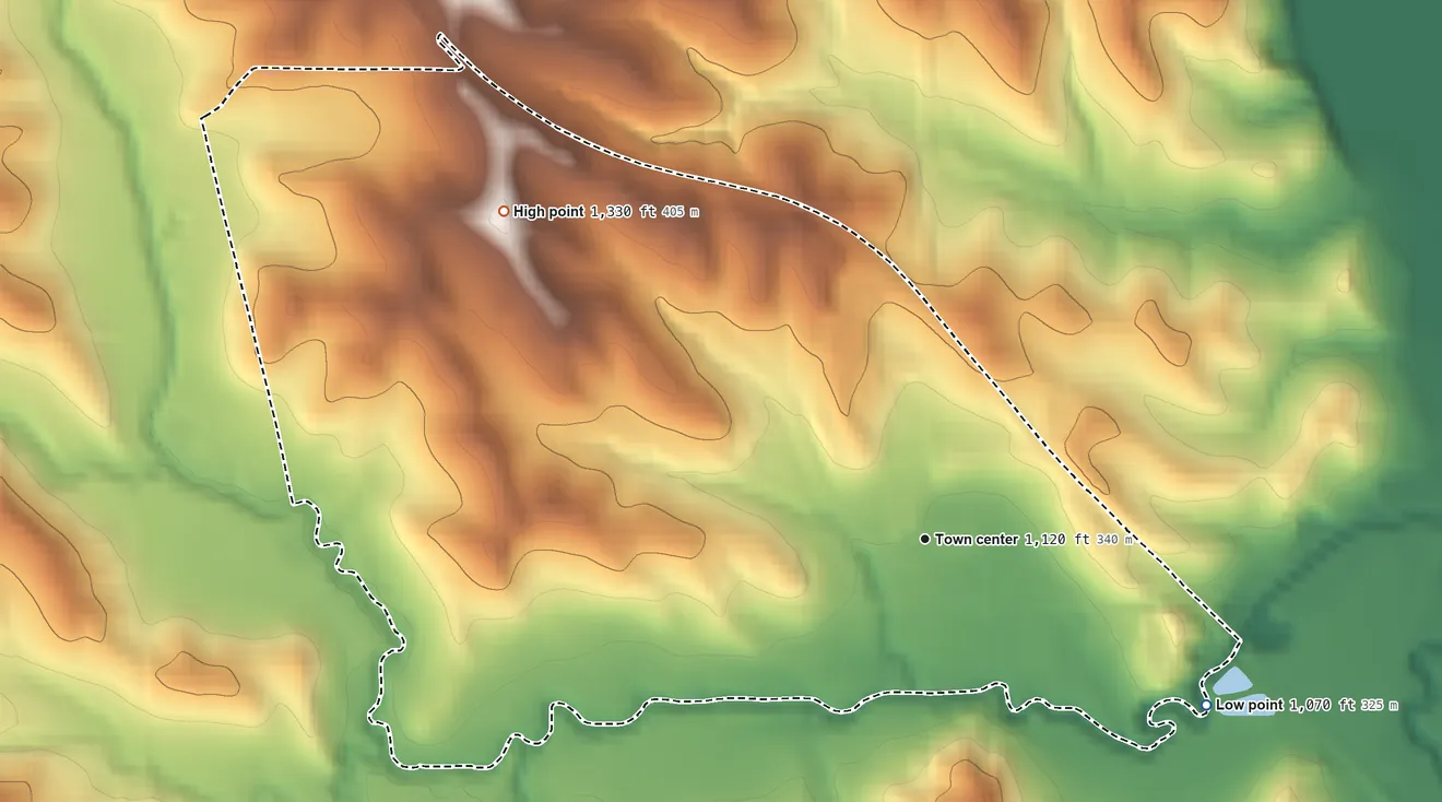 Topographic elevation map of Macy, Nebraska, shaded from 1,070 ft on the southeast side to 1,330 ft on the northwest side