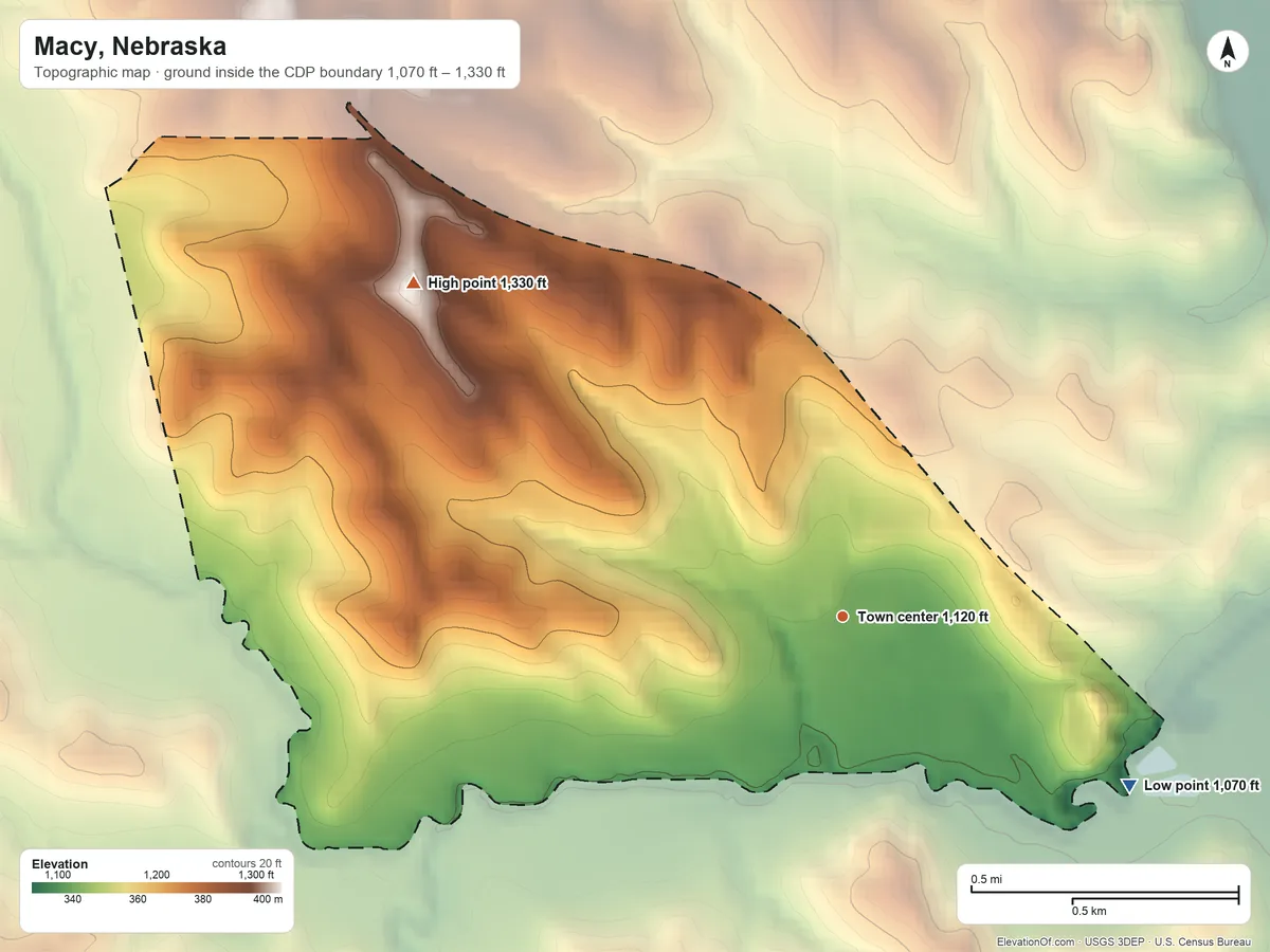 Topographic elevation map of Macy, Nebraska, shaded from 1,070 ft on the southeast side to 1,330 ft on the northwest side