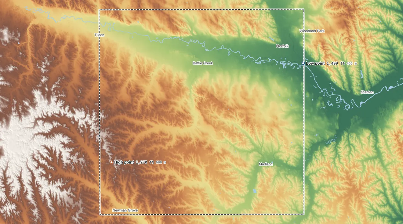 Topographic elevation map of Madison County, Nebraska, shaded from 1,490 ft on the northeast side to 1,970 ft on the southwest side