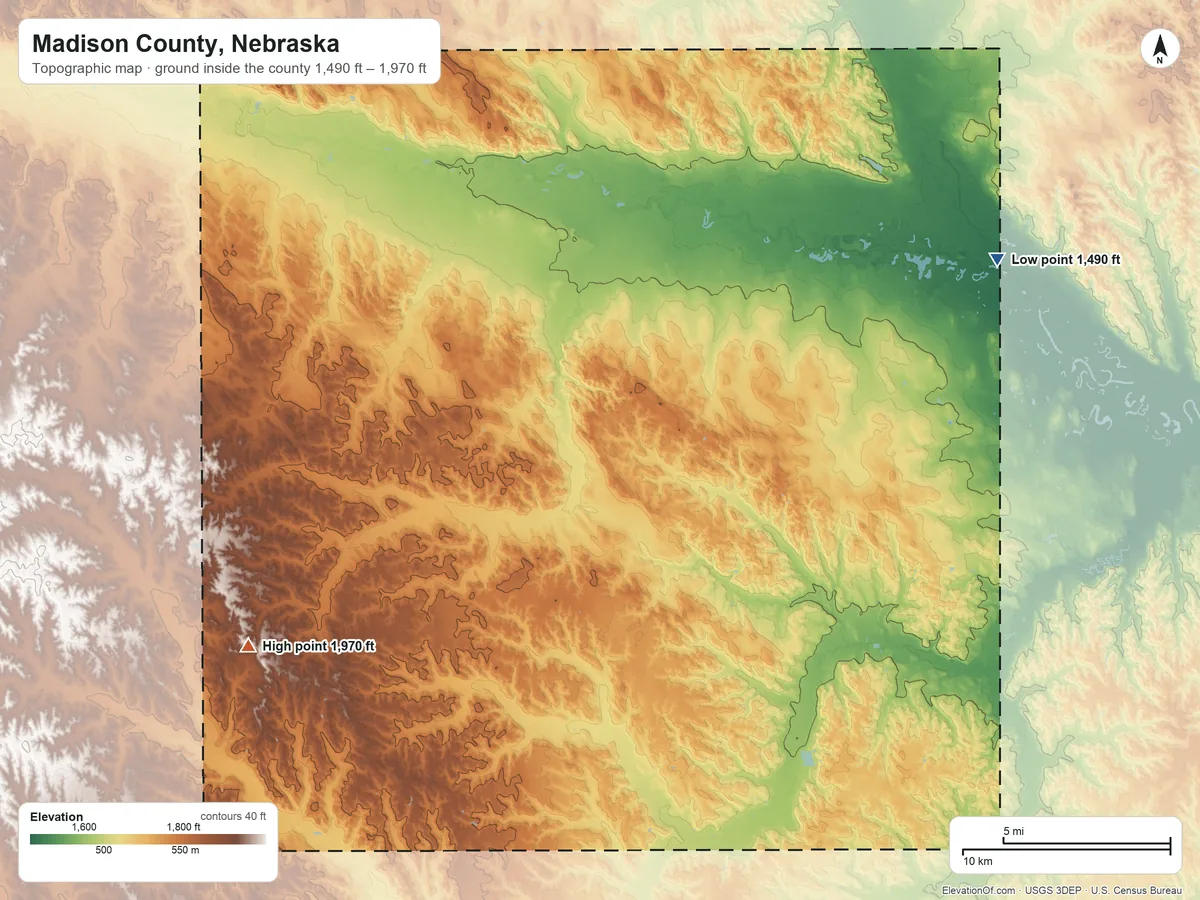 Topographic elevation map of Madison County, Nebraska, shaded from 1,490 ft on the northeast side to 1,970 ft on the southwest side