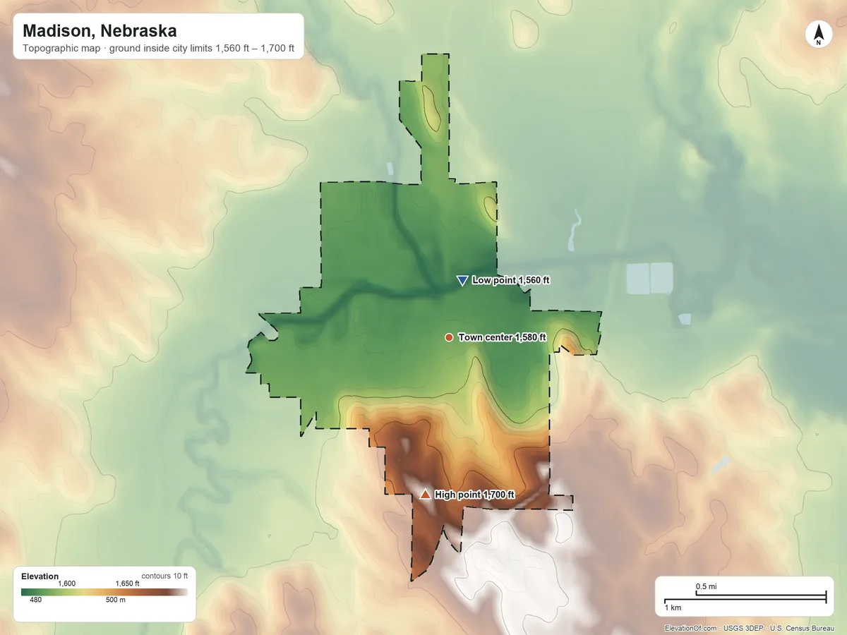Topographic elevation map of Madison, Nebraska, shaded from 1,560 ft near the middle to 1,700 ft on the south side