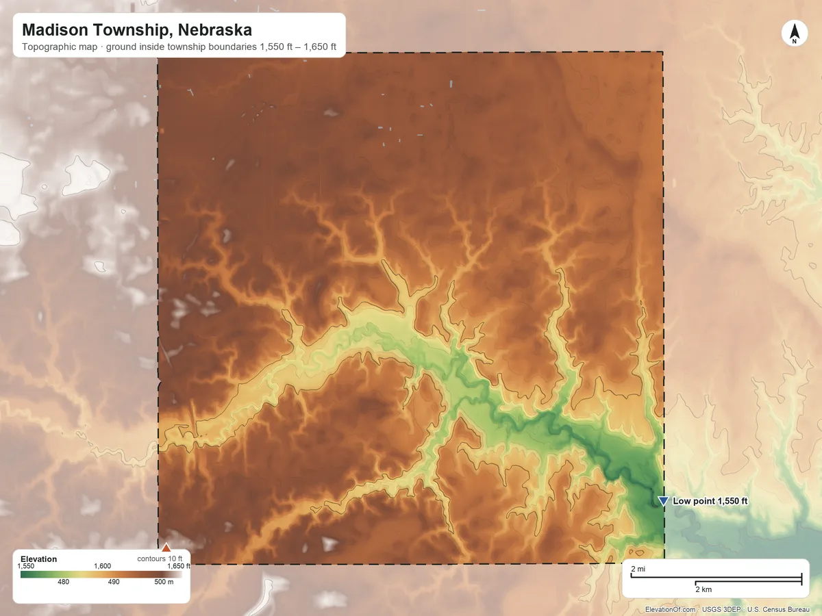 Topographic elevation map of Madison Township, Nebraska, shaded from 1,550 ft on the east side to 1,650 ft near the middle