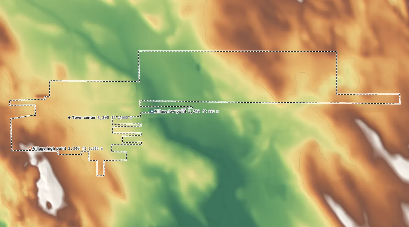 Topographic elevation map of Madrid, Nebraska, shaded from 3,270 ft on the east side to 3,340 ft on the southwest side