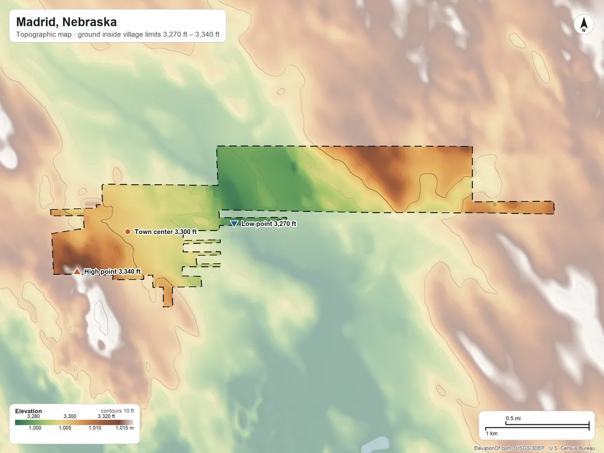 Topographic elevation map of Madrid, Nebraska, shaded from 3,270 ft on the east side to 3,340 ft on the southwest side
