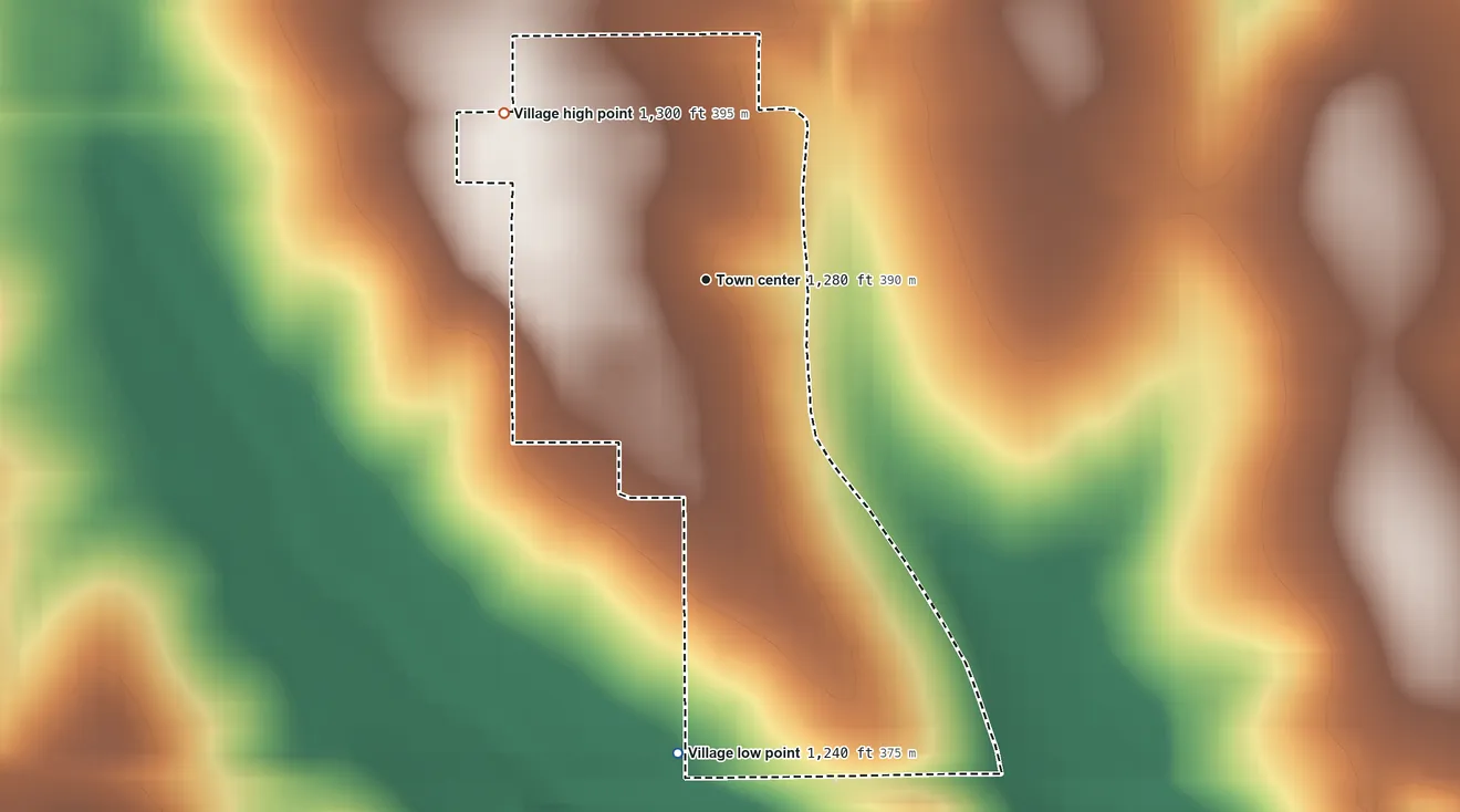 Topographic elevation map of Manley, Nebraska, shaded from 1,240 ft on the south side to 1,300 ft on the northwest side