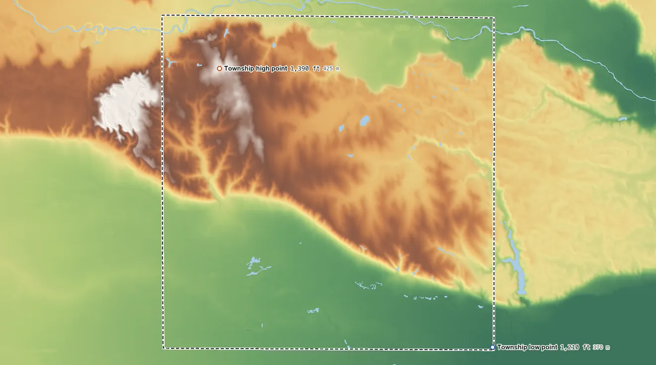 Topographic elevation map of Maple Township, Nebraska, shaded from 1,210 ft on the southeast side to 1,390 ft on the northwest side