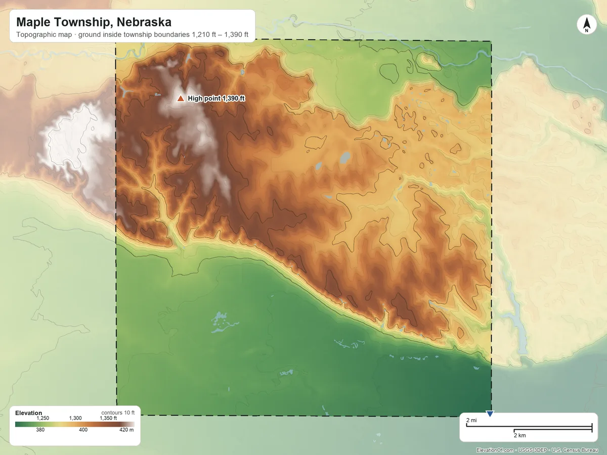 Topographic elevation map of Maple Township, Nebraska, shaded from 1,210 ft on the southeast side to 1,390 ft on the northwest side
