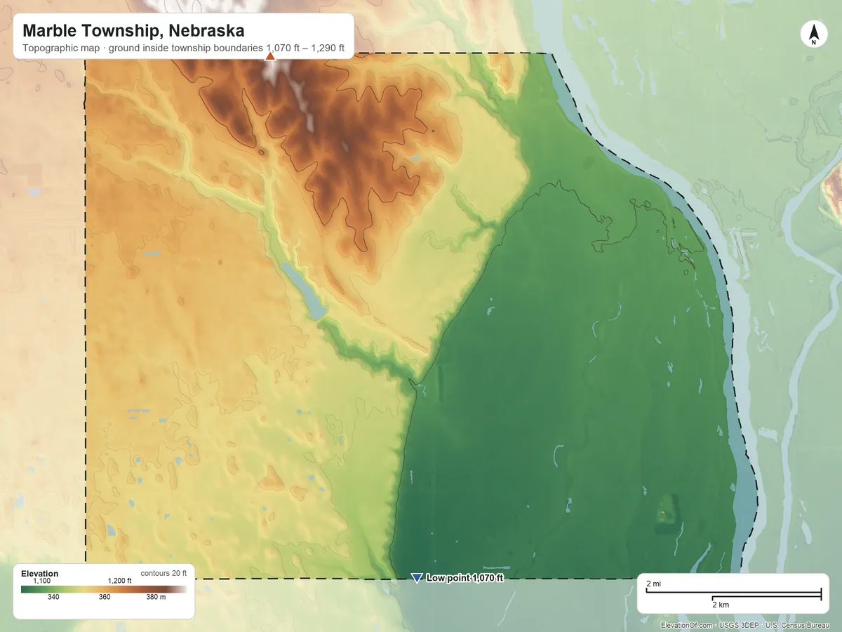 Topographic elevation map of Marble Township, Nebraska, shaded from 1,070 ft on the south side to 1,290 ft on the northwest side