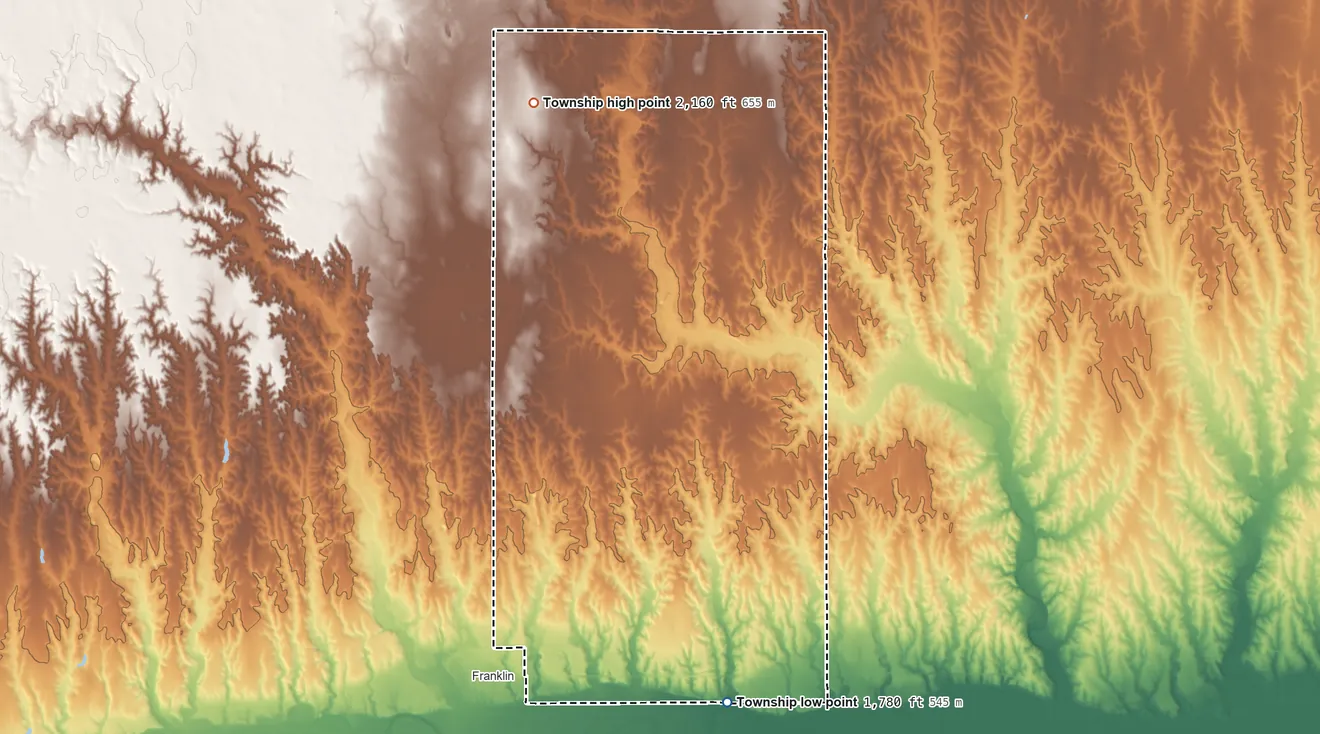Topographic elevation map of Marion Township, Nebraska, shaded from 1,780 ft on the southeast side to 2,160 ft on the north side