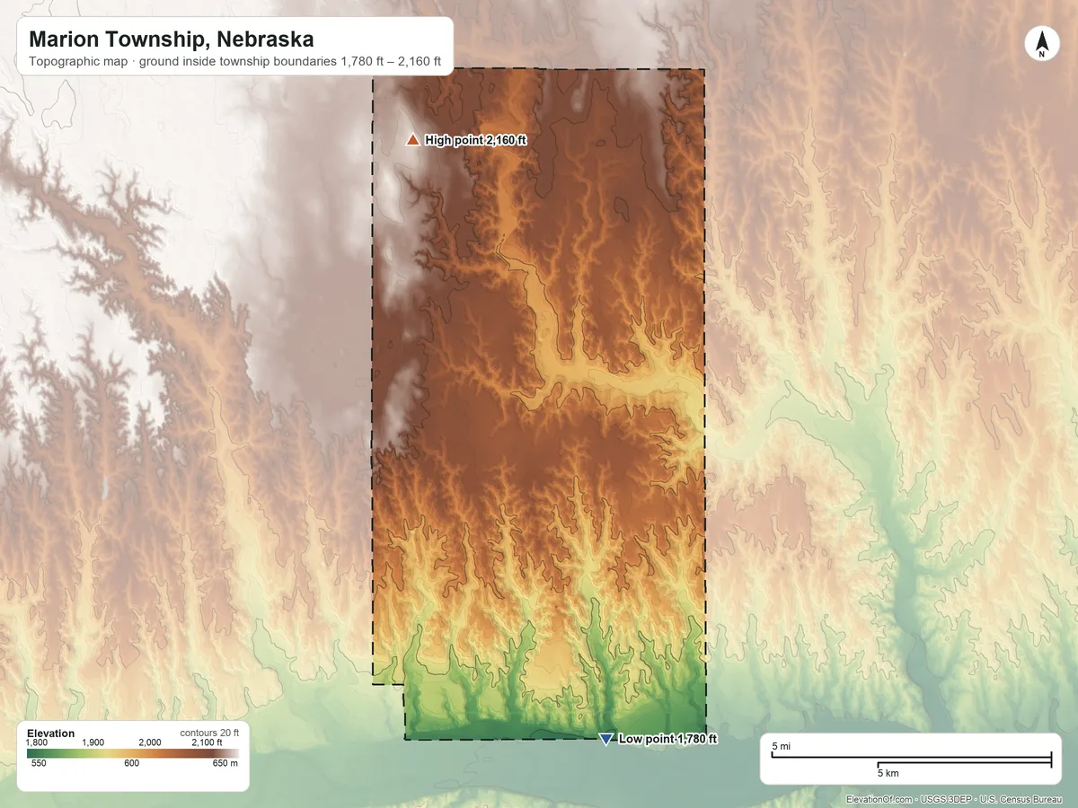 Topographic elevation map of Marion Township, Nebraska, shaded from 1,780 ft on the southeast side to 2,160 ft on the north side