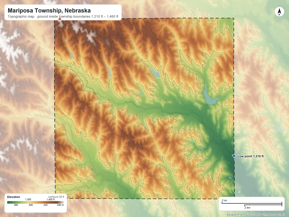 Topographic elevation map of Mariposa Township, Nebraska, shaded from 1,210 ft on the southeast side to 1,460 ft on the northwest side