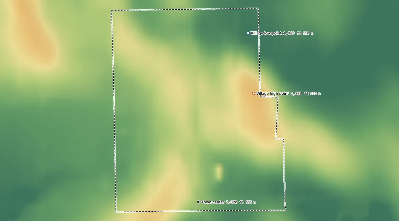Topographic elevation map of Marquette, Nebraska, shaded from 1,810 ft on the north side to 1,830 ft on the northeast side
