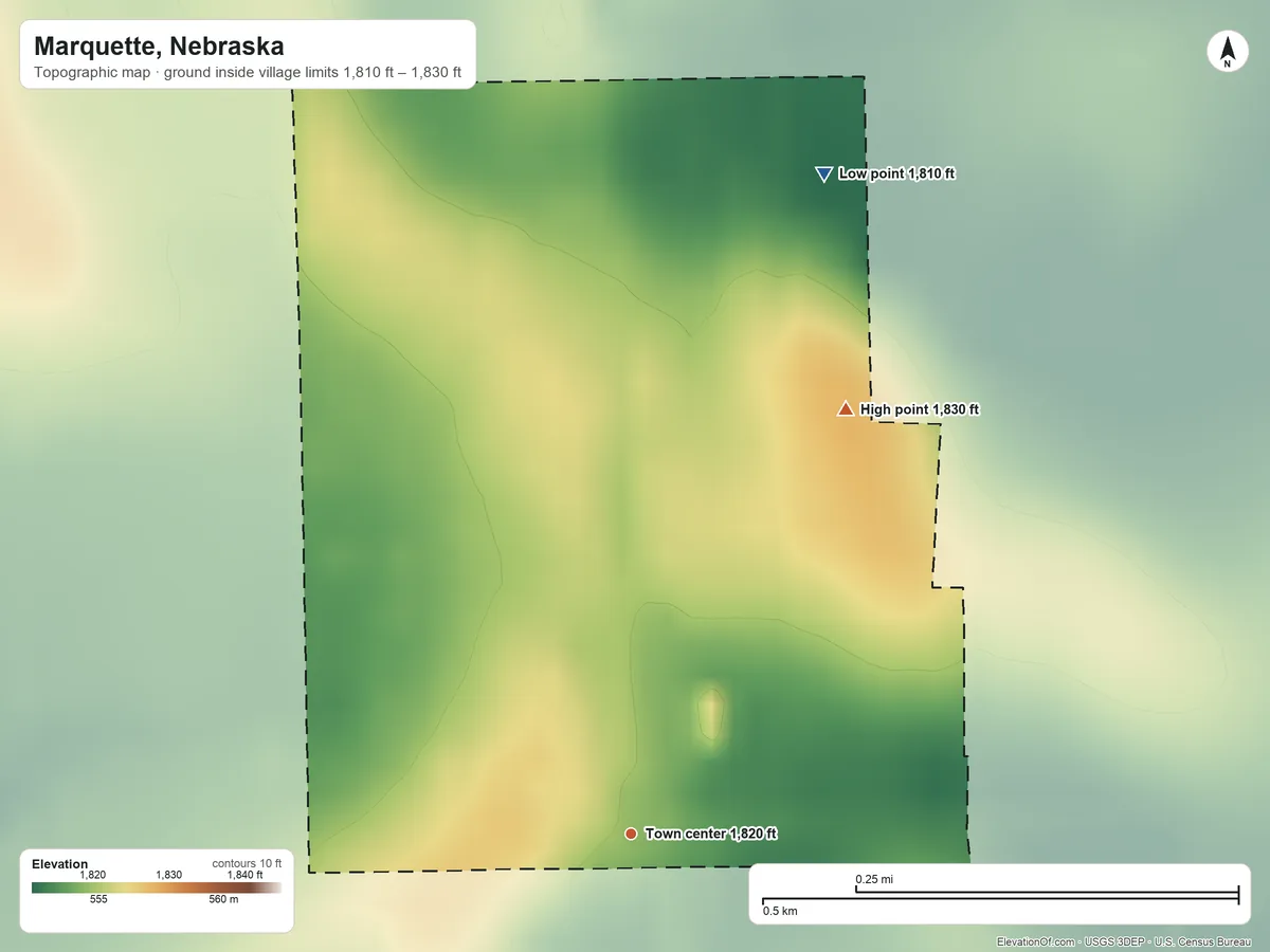 Topographic elevation map of Marquette, Nebraska, shaded from 1,810 ft on the north side to 1,830 ft on the northeast side