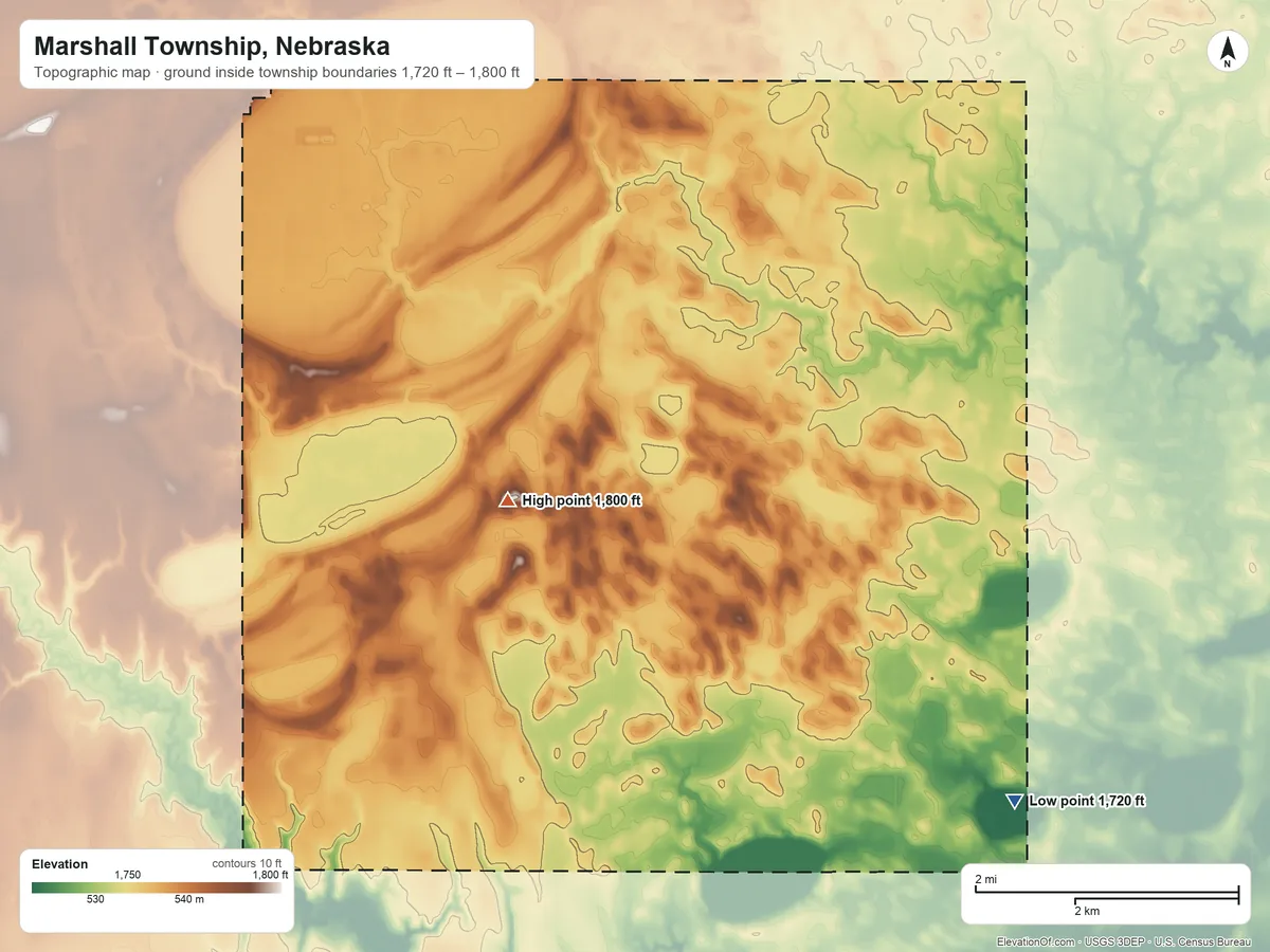Topographic elevation map of Marshall Township, Nebraska, shaded from 1,720 ft on the southeast side to 1,800 ft on the west side