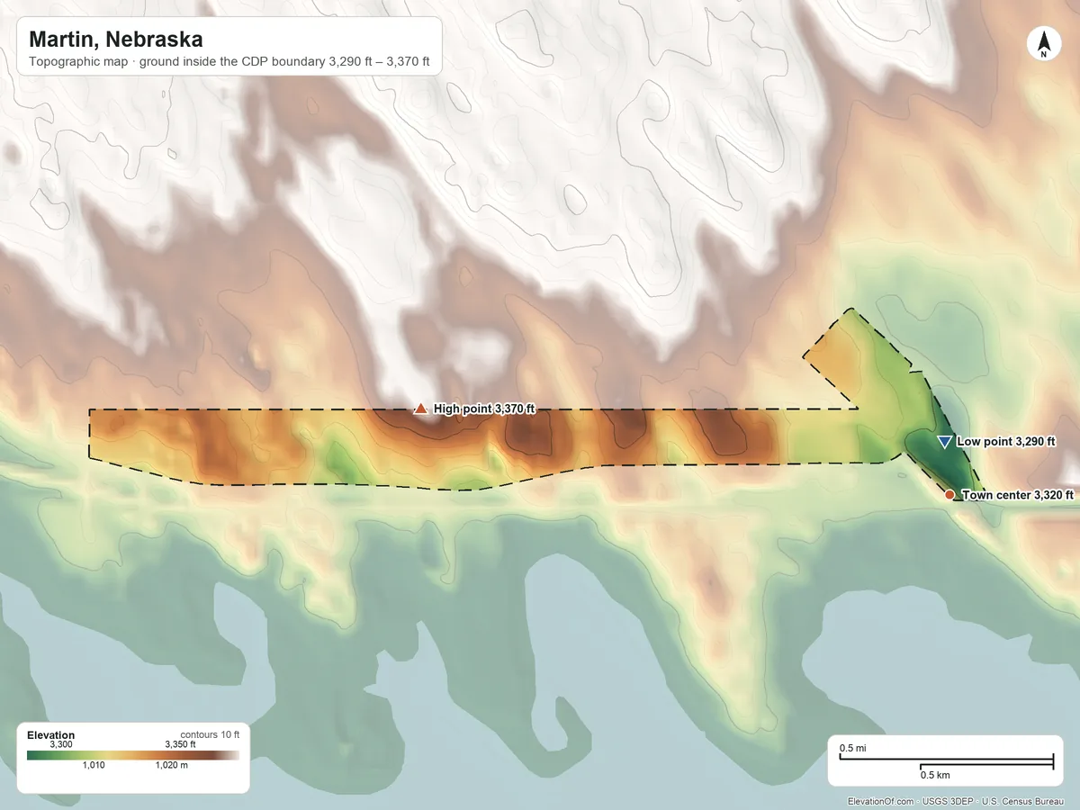 Topographic elevation map of Martin, Nebraska, shaded from 3,290 ft near the middle to 3,370 ft on the west side