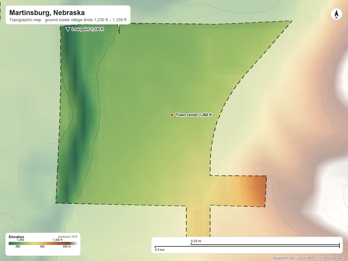 Topographic elevation map of Martinsburg, Nebraska, shaded from 1,230 ft on the northwest side to 1,330 ft on the northwest side