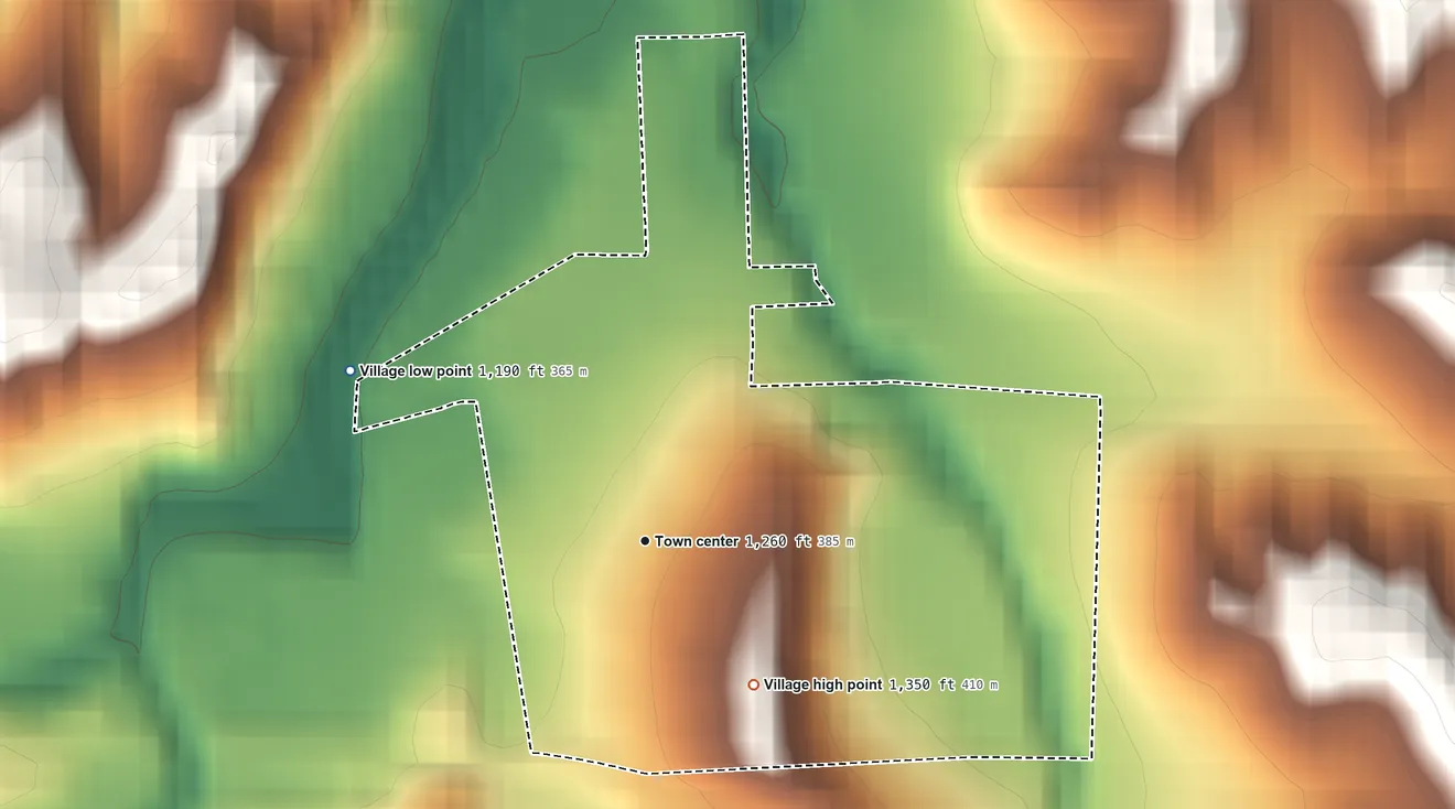 Topographic elevation map of Maskell, Nebraska, shaded from 1,190 ft on the northwest side to 1,350 ft on the southeast side