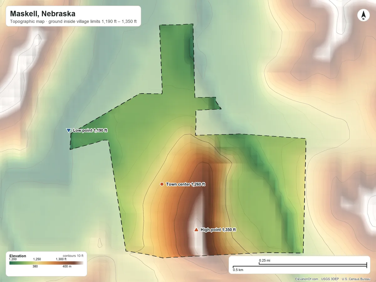 Topographic elevation map of Maskell, Nebraska, shaded from 1,190 ft on the northwest side to 1,350 ft on the southeast side