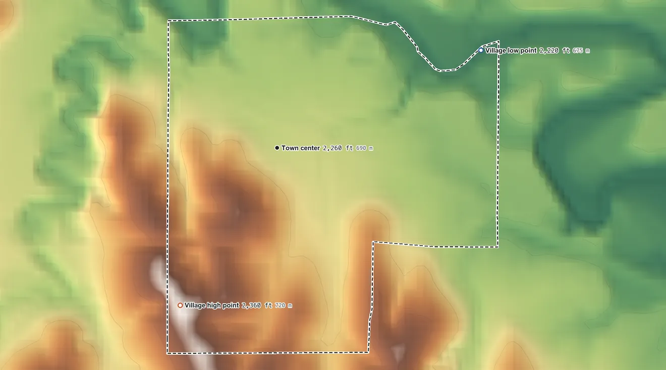 Topographic elevation map of Mason City, Nebraska, shaded from 2,220 ft on the northeast side to 2,360 ft on the southwest side