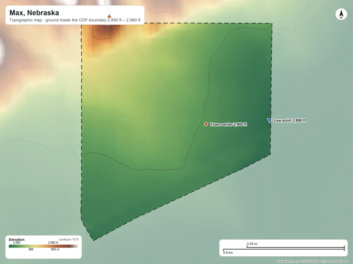 Topographic elevation map of Max, Nebraska, shaded from 2,890 ft on the east side to 2,980 ft on the northwest side