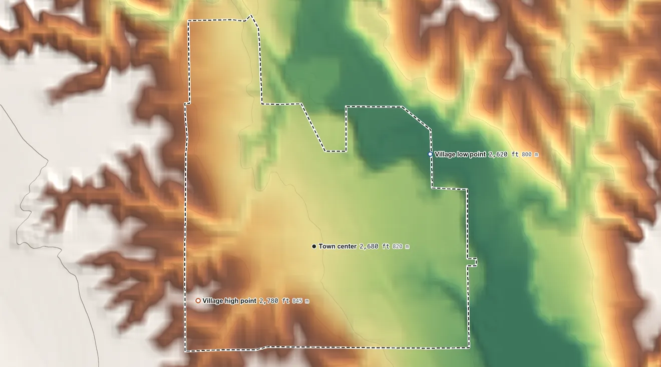 Topographic elevation map of Maywood, Nebraska, shaded from 2,620 ft on the northeast side to 2,780 ft on the southwest side