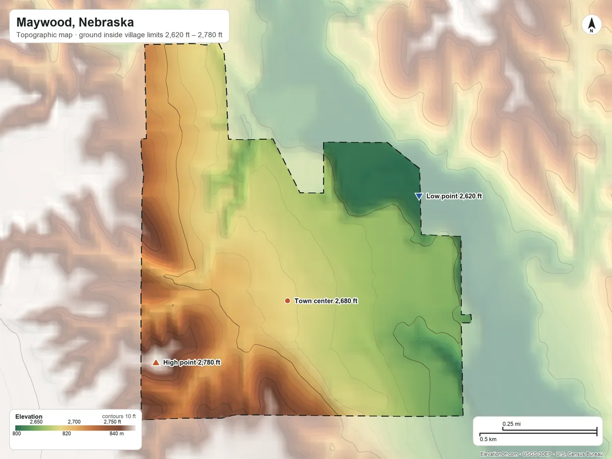 Topographic elevation map of Maywood, Nebraska, shaded from 2,620 ft on the northeast side to 2,780 ft on the southwest side