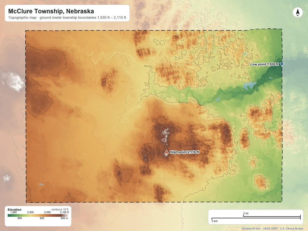 Topographic elevation map of McClure Township, Nebraska, shaded from 1,930 ft on the northeast side to 2,110 ft on the east side