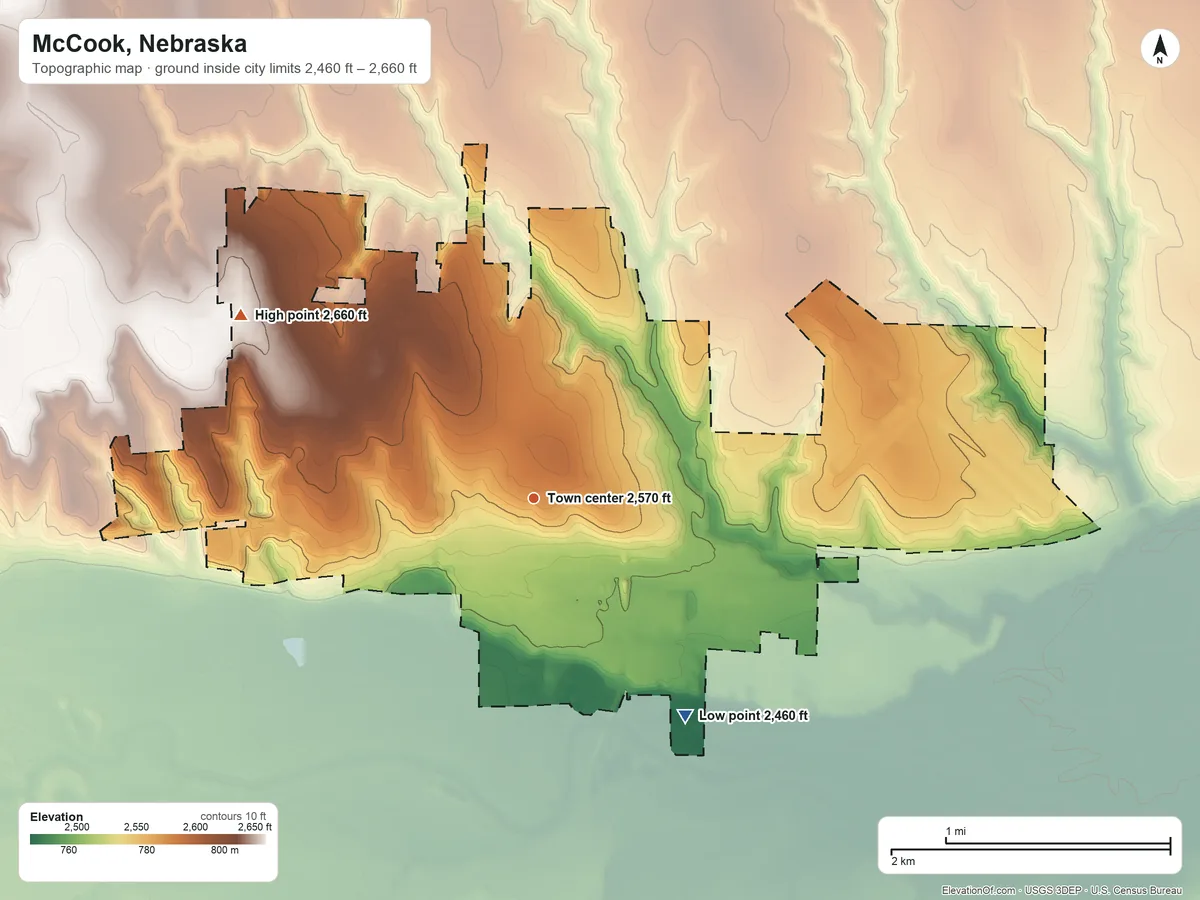 Topographic elevation map of McCook, Nebraska, shaded from 2,460 ft on the southeast side to 2,660 ft on the northwest side