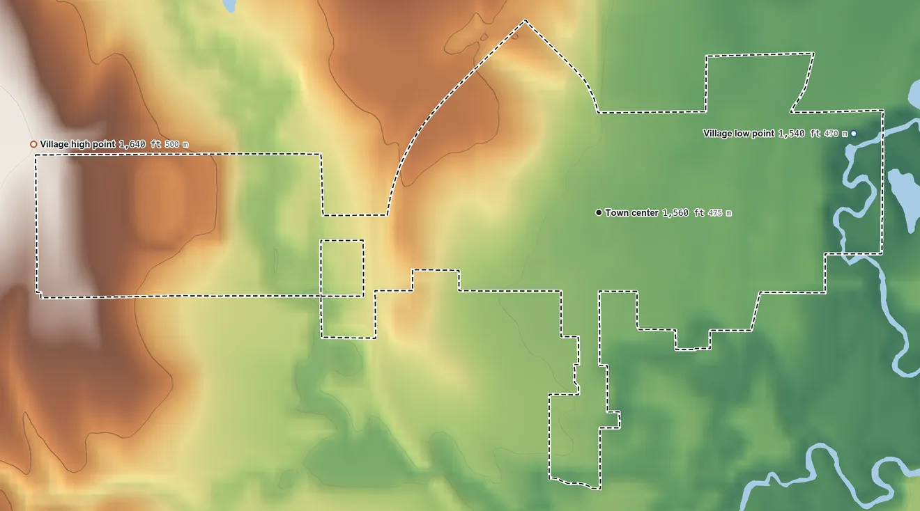 Topographic elevation map of McCool Junction, Nebraska, shaded from 1,540 ft on the east side to 1,640 ft on the west side