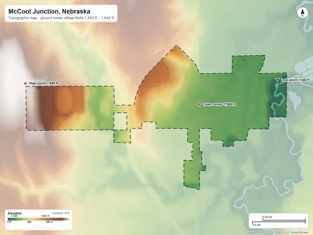 Topographic elevation map of McCool Junction, Nebraska, shaded from 1,540 ft on the east side to 1,640 ft on the west side