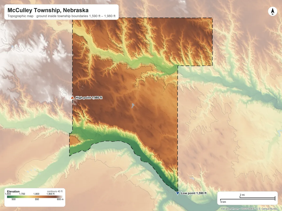 Topographic elevation map of McCulley Township, Nebraska, shaded from 1,590 ft on the southeast side to 1,980 ft on the west side