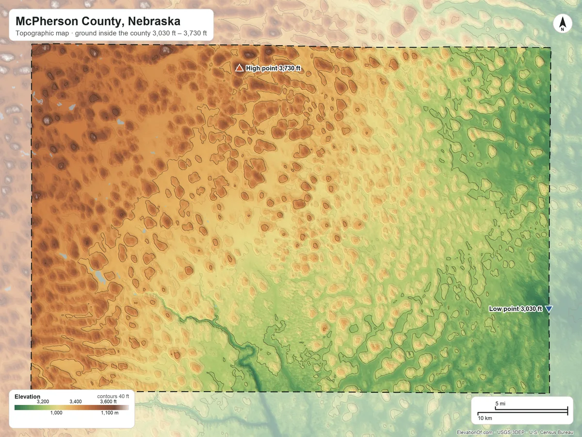 Topographic elevation map of McPherson County, Nebraska, shaded from 3,030 ft on the east side to 3,730 ft on the north side