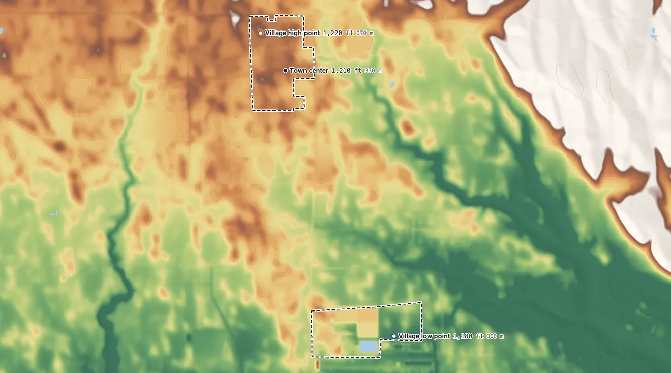 Topographic elevation map of Mead, Nebraska, shaded from 1,180 ft on the south side to 1,220 ft on the northwest side