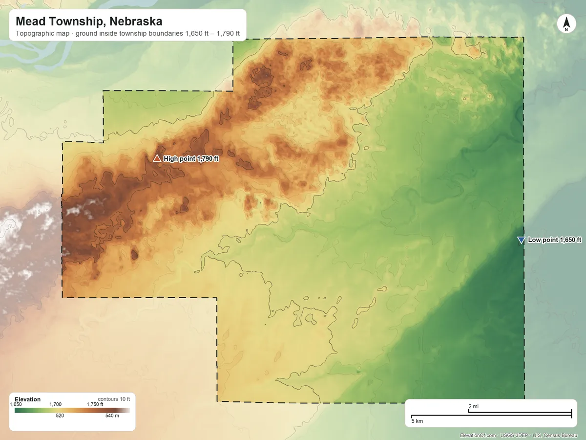 Topographic elevation map of Mead Township, Nebraska, shaded from 1,650 ft on the east side to 1,790 ft on the west side