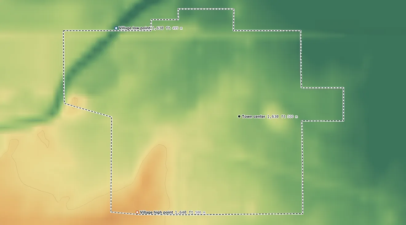 Topographic elevation map of Meadow Grove, Nebraska, shaded from 1,630 ft on the northwest side to 1,640 ft on the southwest side