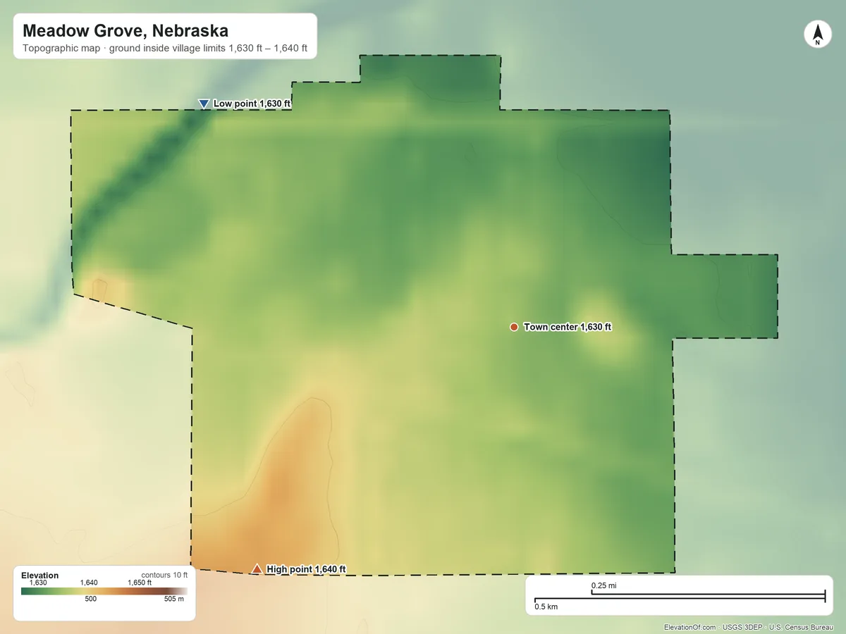 Topographic elevation map of Meadow Grove, Nebraska, shaded from 1,630 ft on the northwest side to 1,640 ft on the southwest side