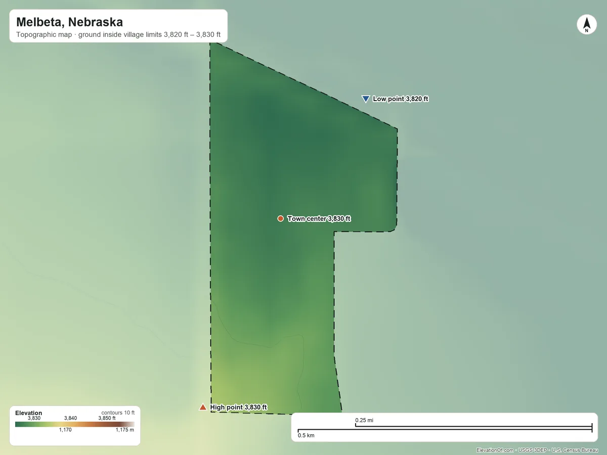 Topographic elevation map of Melbeta, Nebraska, shaded from 3,820 ft on the northeast side to 3,830 ft on the south side