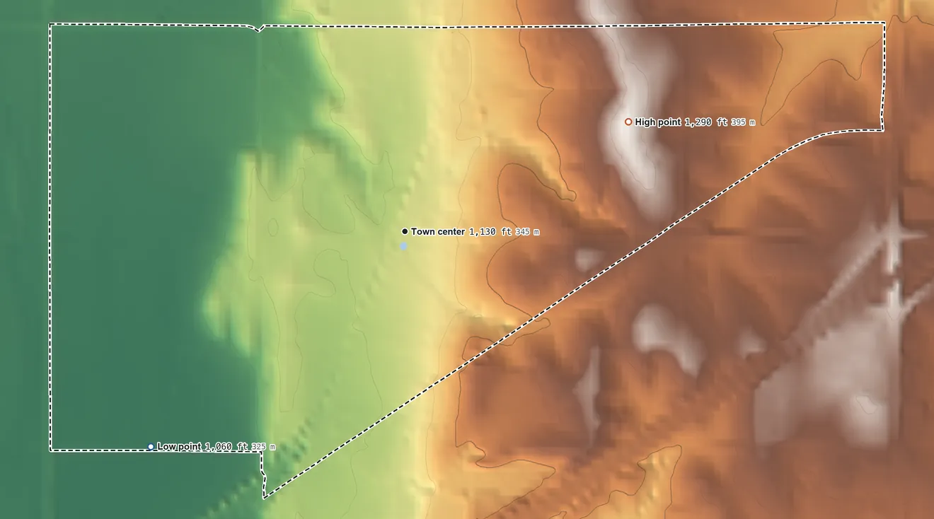 Topographic elevation map of Melia, Nebraska, shaded from 1,060 ft on the southwest side to 1,290 ft on the northeast side