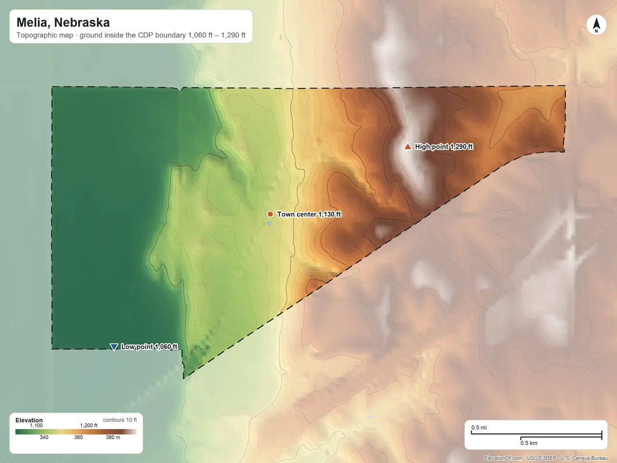 Topographic elevation map of Melia, Nebraska, shaded from 1,060 ft on the southwest side to 1,290 ft on the northeast side