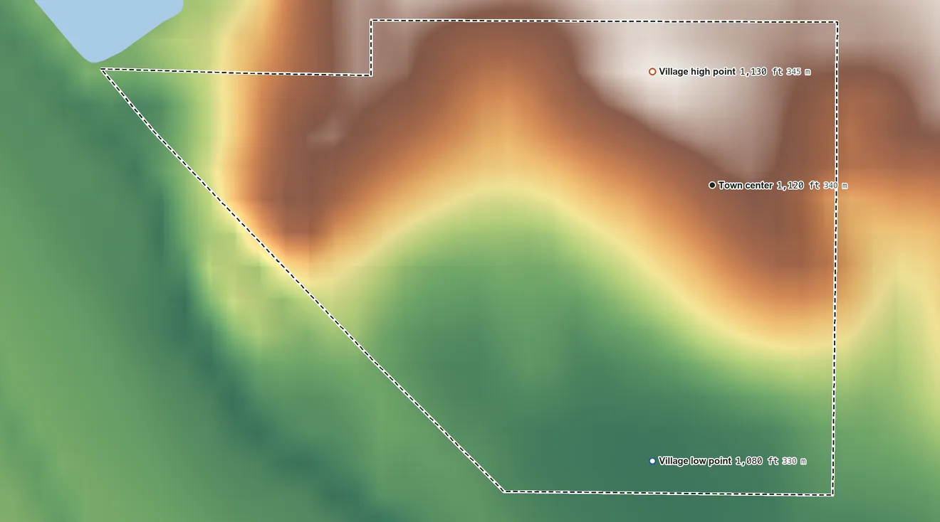 Topographic elevation map of Memphis, Nebraska, shaded from 1,080 ft on the south side to 1,130 ft on the northwest side