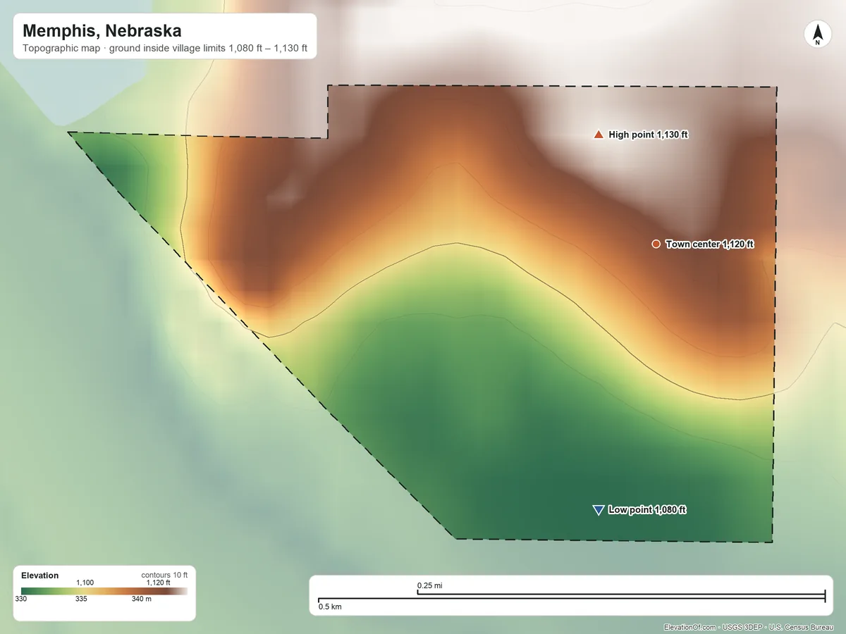 Topographic elevation map of Memphis, Nebraska, shaded from 1,080 ft on the south side to 1,130 ft on the northwest side