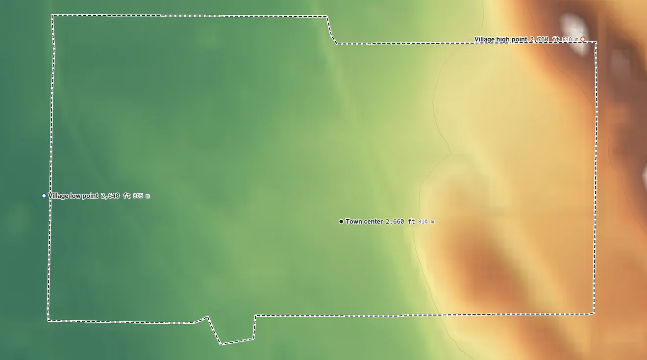 Topographic elevation map of Merna, Nebraska, shaded from 2,640 ft on the west side to 2,760 ft on the northeast side