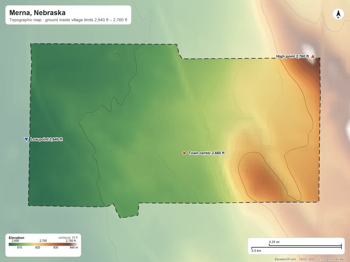 Topographic elevation map of Merna, Nebraska, shaded from 2,640 ft on the west side to 2,760 ft on the northeast side