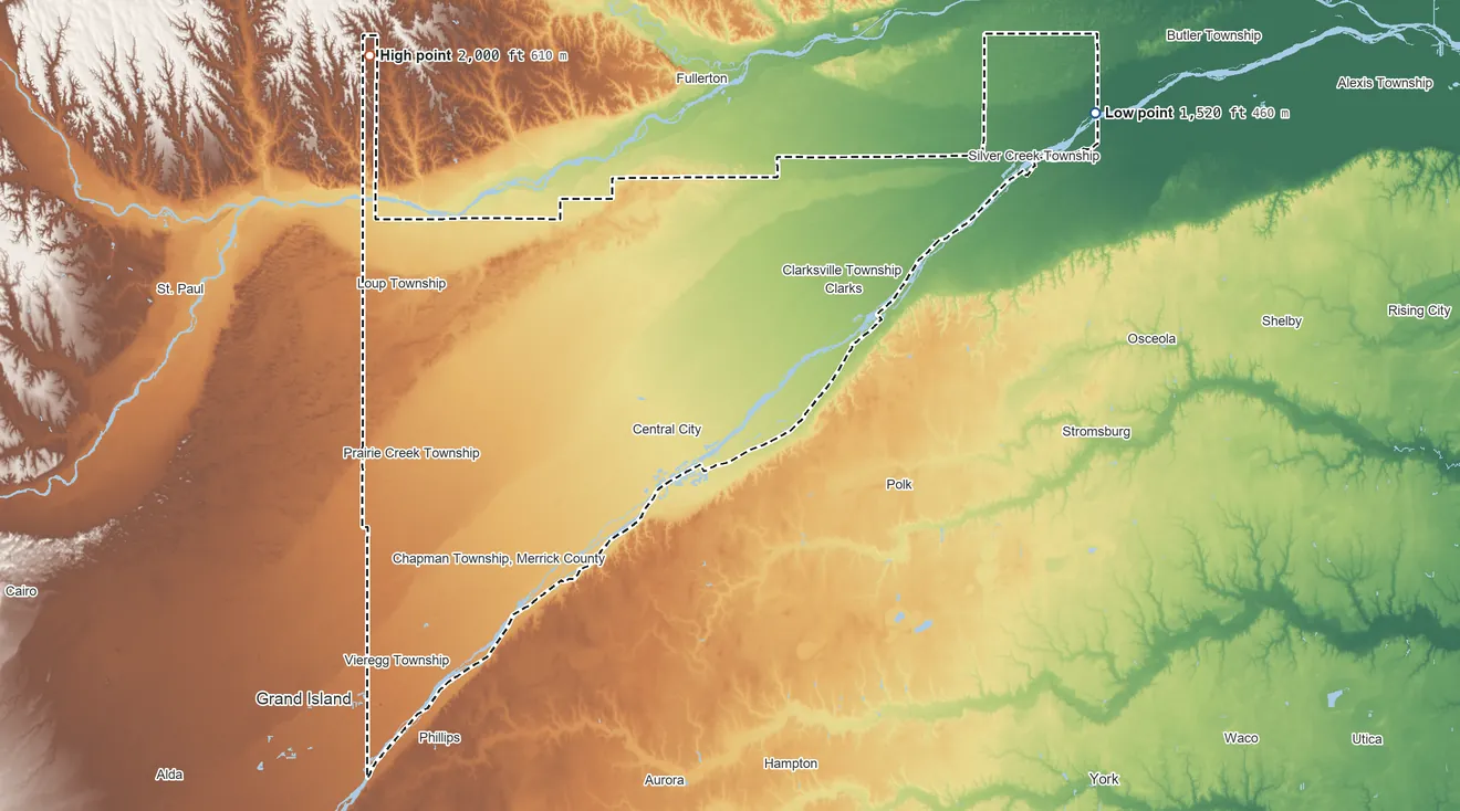 Topographic elevation map of Merrick County, Nebraska, shaded from 1,520 ft on the northeast side to 2,000 ft on the northwest side