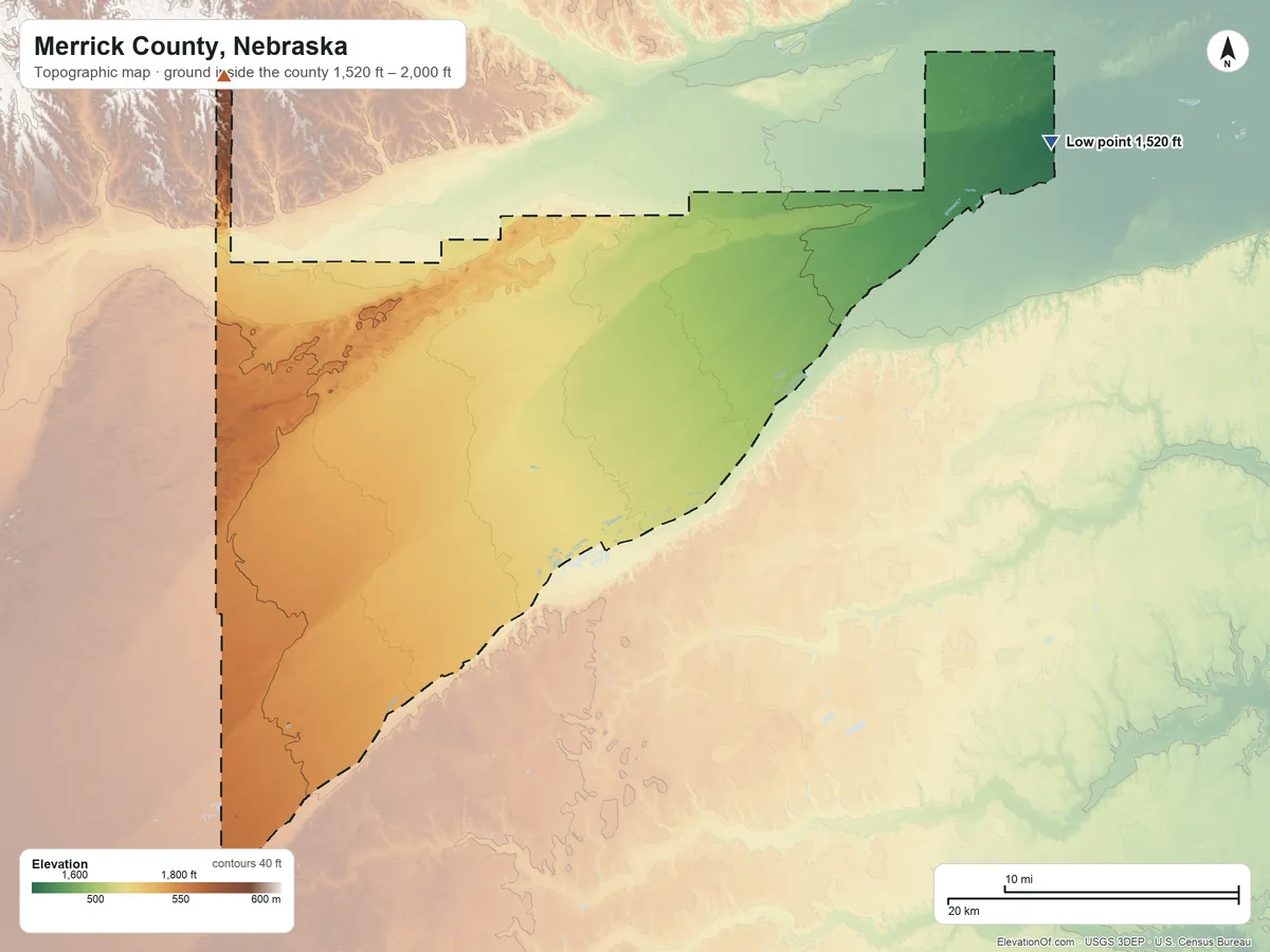 Topographic elevation map of Merrick County, Nebraska, shaded from 1,520 ft on the northeast side to 2,000 ft on the northwest side