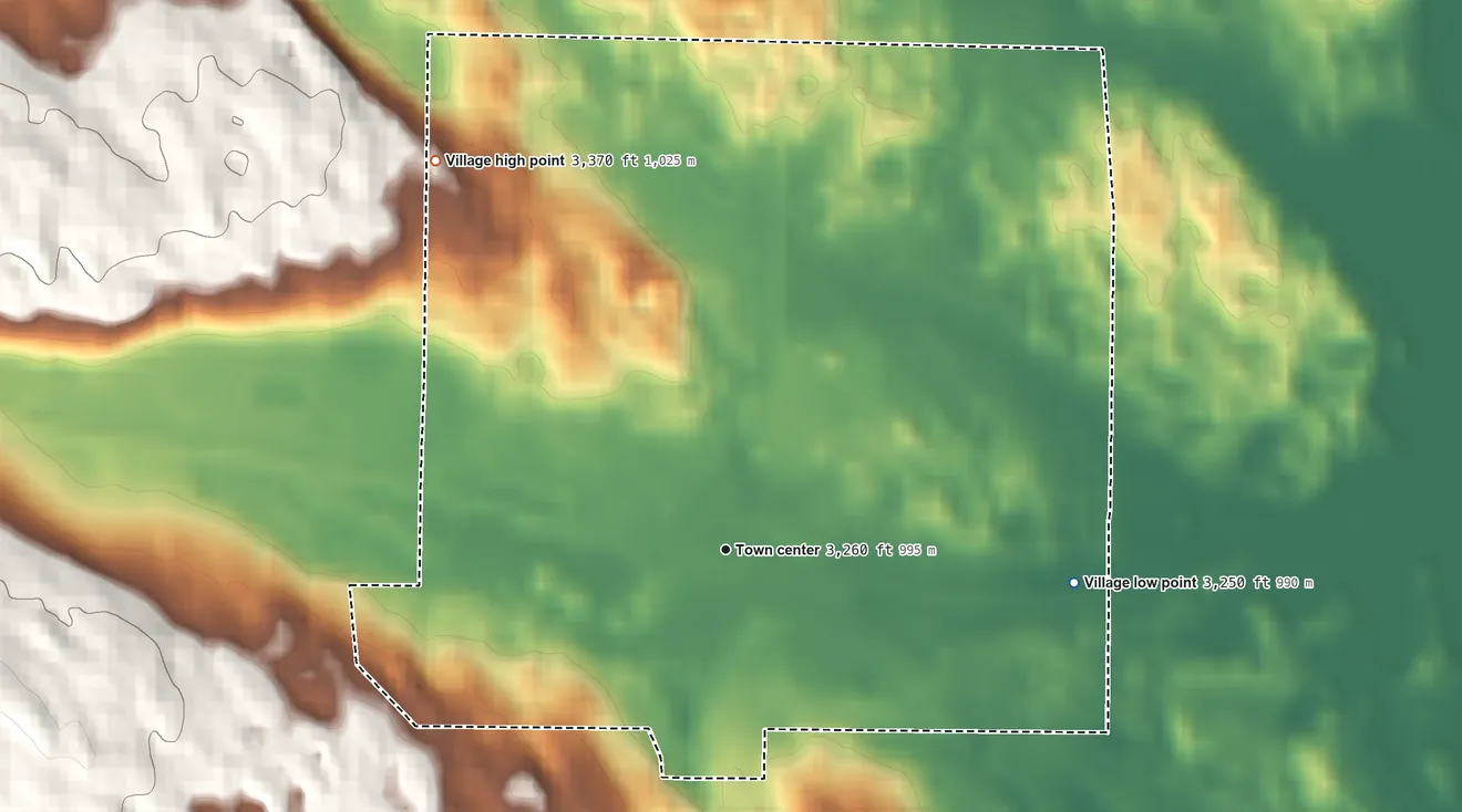 Topographic elevation map of Merriman, Nebraska, shaded from 3,250 ft on the east side to 3,370 ft on the northwest side